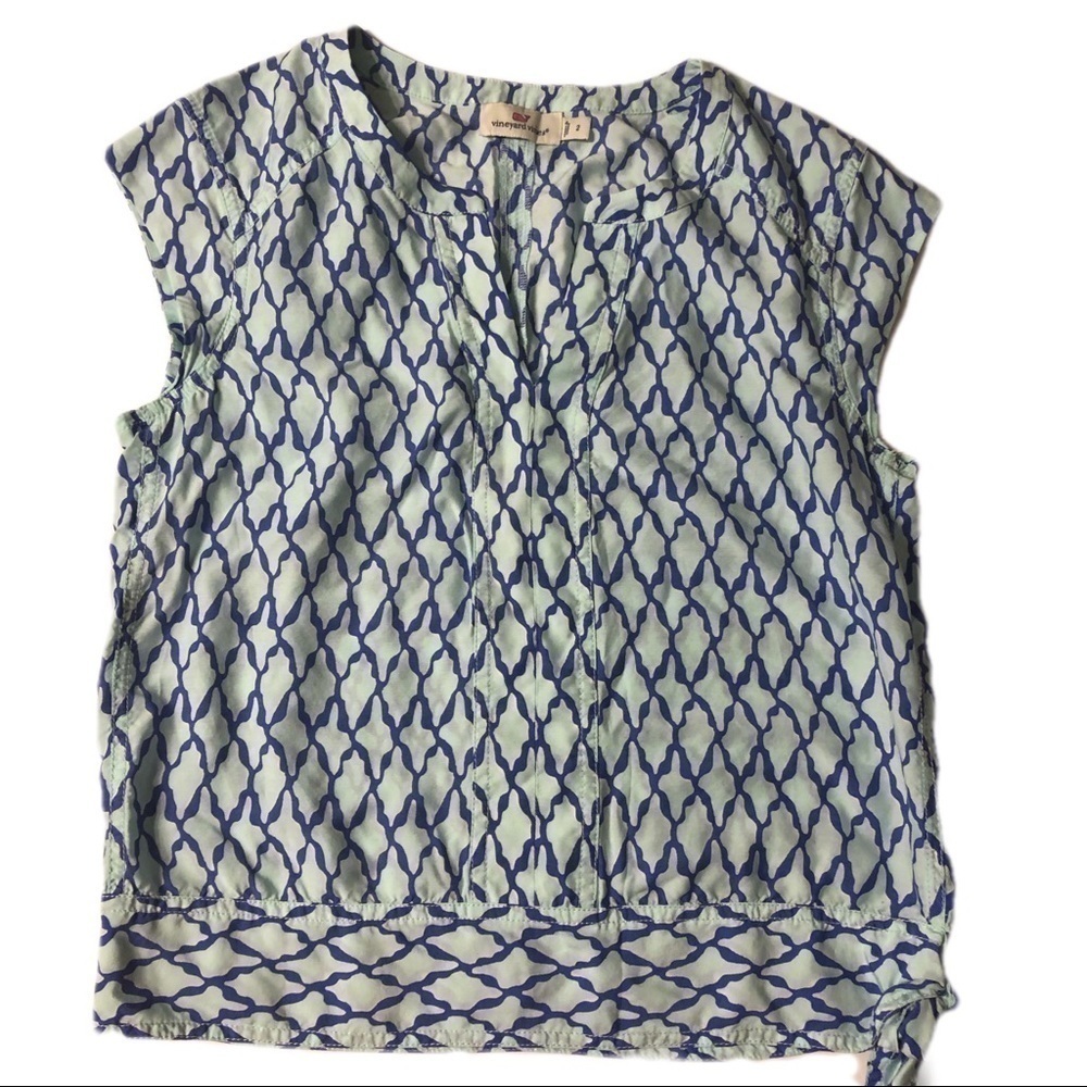 Vineyard Vines Blue Shirt side tie knot blouse nautical casual coastal silk